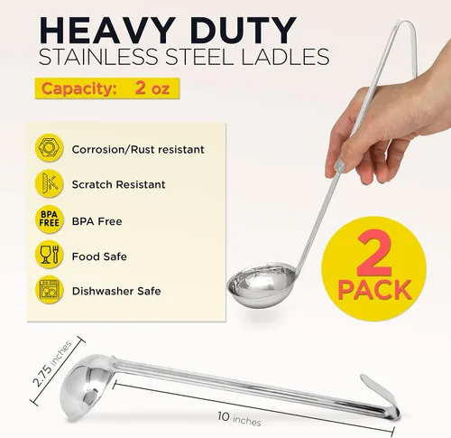 Vista 2 de Fit Meal Prep [Paquete de 2] Cucharón de sopa de acero inoxidable de 2 onzas, espátula de salsa de una pieza con asas de gancho, cuchara de servir