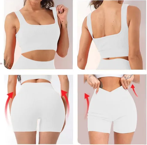 Vista 5 de niyokki Conjuntos de entrenamiento para mujer, de dos piezas, sexy, de verano, brasier deportivo y pantalones cortos cruzados, conjunto