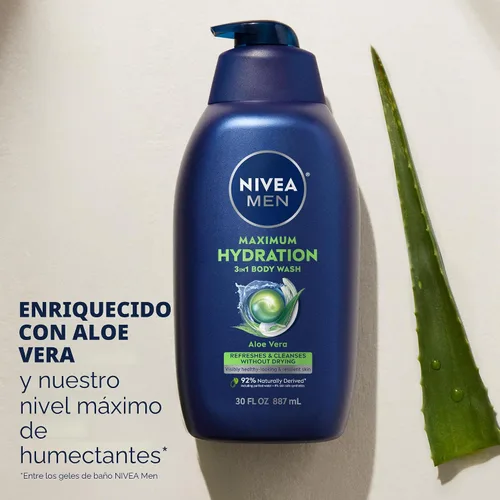 Vista 4 de Nivea Men Gel de baño de máxima hidratación para piel seca, enriquecido con aloe vera, gel de baño hidratante 3 en 1, cara y cabello, sin parabenos
