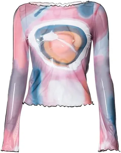 Vista 6 de Y2K Grunge Mesh Crop Tops Punk Graphic Blusa Mangas acampanadas Camiseta estética Goth Alt Clubwear Ropa Indie