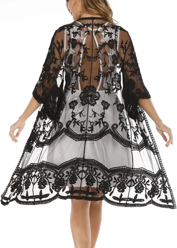 Vista 19 de Cárdigan de Encaje para Mujer de Crochet Floral Transparente Cobertor de Playa Kimono Largo Abierto
