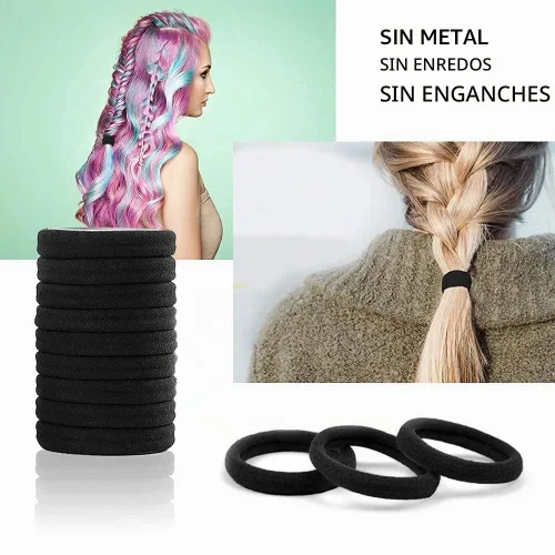 Vista 6 de 100 unidades de gomas de pelo negras para mujeres, bandas de pelo de algodón sin costuras, gomas de pelo sin arrugas ni daños para cabello grueso