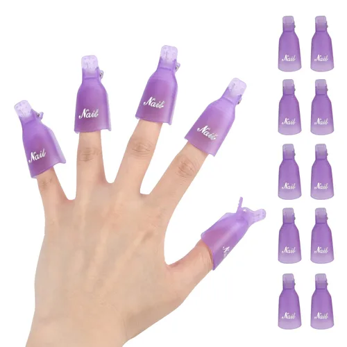 Vista 10 de Kit de removedor de esmalte de uñas de gel con 10 clips de removedor de esmalte de uñas rosa con tapa, botella dispensadora, empujador de cutículas