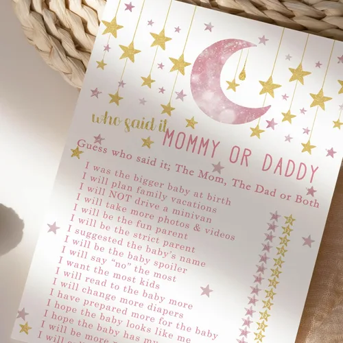 Vista 3 de Paper Clever Party Twinkle Little Star - Juego de baby shower para niñas, 25 tarjetas de juego de Adivina quién mamá o papá, divertidas actividades