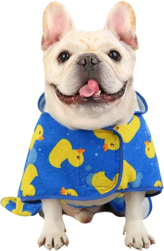Vista 4 de HDE Bata de baño para perro, súper absorbente, de secado rápido, para cachorros, ajustable, con capucha, para perros tallas S-XXL con patos de goma