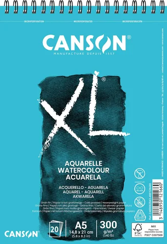 Vista 8 de Papel para acuarela Canson XL de 300 g/m² A3, prensado en frío, bloc con espiral lado corto, 30 hojas blancas, ideal para artistas profesionales