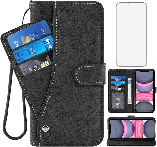 Vista 10 de Funda compatible con iPhone Xs X 10 y 10s y protector de pantalla de vidrio templado, funda para monedero, tarjetero con cordón, fundas