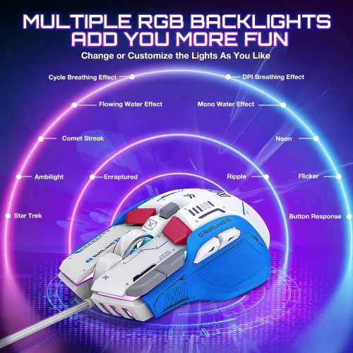 Vista 5 de WolfLawS M6 RGB Gaming Mouse 12800 DPI con cable PC Gamer Mouse con 10 botones programables y botón de fuego, 12 modos retroiluminados, software