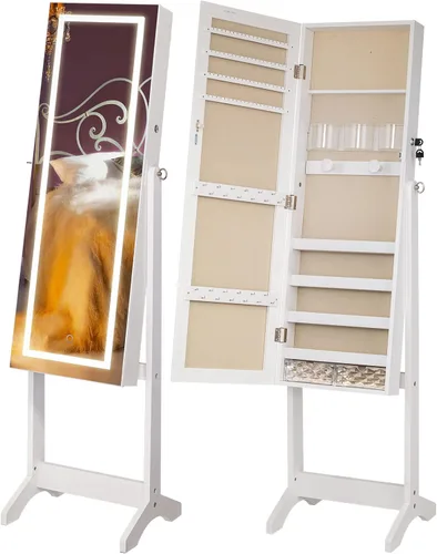 Vista 7 de LUXFURNI Armario de joyería con luz LED, espejo de pantalla completa, armario con cerradura, organizador grande de almacenamiento de cosméticos