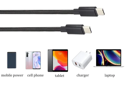 Vista 3 de Cable reversible doble tipo C USB C macho a USB C macho, cable trenzado de nailon premium con aislamiento recubierto de aislamiento, cable