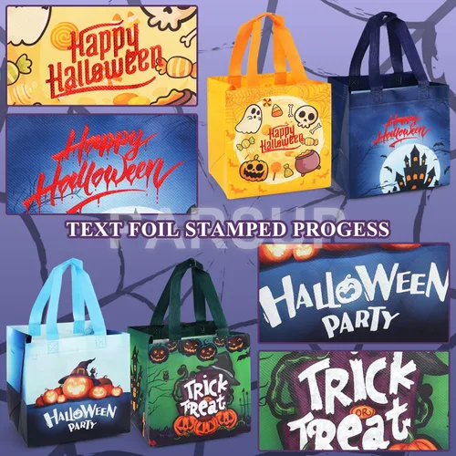 Vista 3 de PARSUP 8 bolsas de Halloween, bolsas de mano con asas, bolsas de regalo de bronce metálico, bolsas de regalo no tejidas para dulce o truco