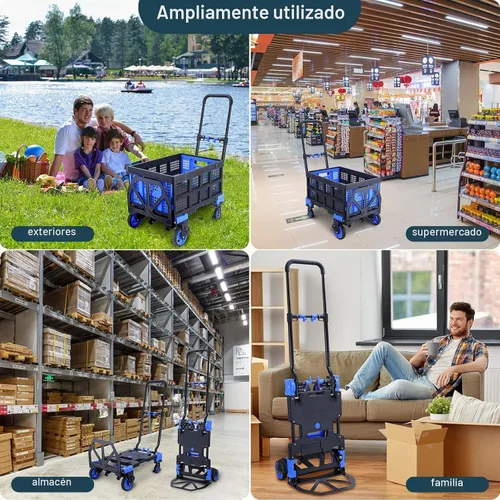 Vista 6 de JJSMKCH Carrito de mano plegable 2 en 1 con cesta plegable A-azul
