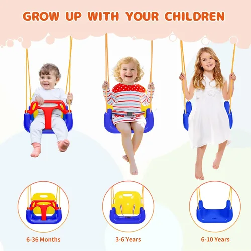 Vista 3 de Juego de columpios 3 en 1 para niños pequeños, juego de columpios para bebés con soporte plegable de metal para jugar al aire libre/interior, diseño