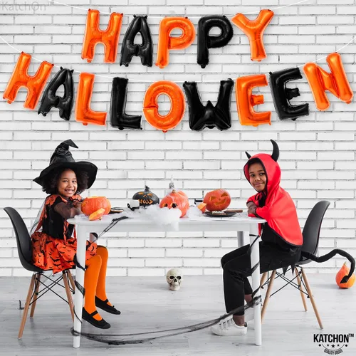 Vista 5 de KatchOn, Cartel de globos de Feliz Halloween, 16 pulgadas, paquete de 14, pancarta de feliz Halloween para decoraciones de fiesta de Halloween
