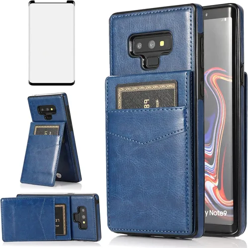 Vista 12 de Funda tipo cartera de piel verde para Samsung Galaxy Note 9 con protector de vidrio templado, tarjetero y función atril