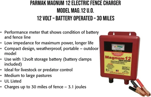 Vista 3 de Parmak MAG12-UO - Cargador eléctrico de cerca de 12 voltios Magnum de baja impedancia, funciona con pilas, rango de 30 millas, multicolor, doble