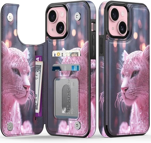 Vista 177 de FUNMIKO Funda tipo cartera para iPhone 15 con tarjetero + clip para efectivo, bloqueo RFID, protección contra caídas de grado militar y obras