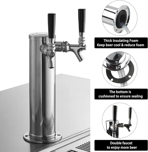 Vista 2 de PERA Torre de cerveza de doble grifo, dispensador de barril de cerveza de acero inoxidable de 3 pulgadas de diámetro con llave y línea de cerveza