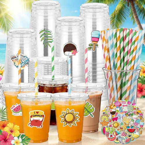 Vista 8 de Sieral 36 vasos de plástico de baloncesto de 12 onzas con tapas, popotes y calcomanías, desechables, transparentes, diseños deportivos