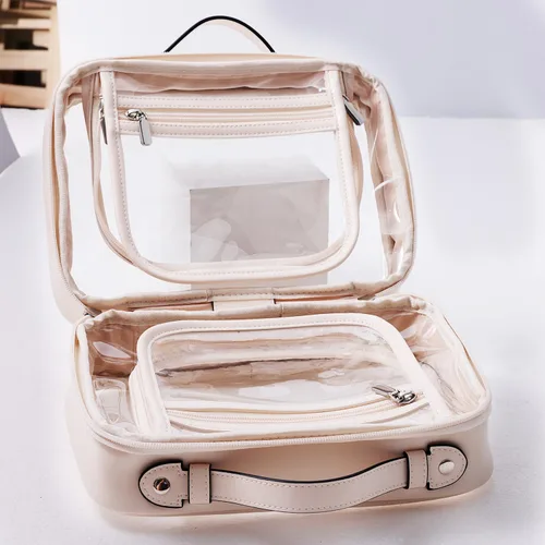 Vista 2 de SANHECUN Neceser de viaje Estuche grande transparente para cosméticos bolsa de maquillaje (beige, pequeño)