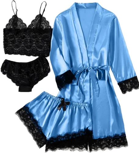Vista 11 de LYANER Conjunto de pijama sexy de satén de seda para mujer Azul (Blue Print)