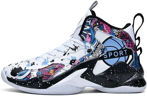 Vista 2 de MAUGELY Zapatillas de deporte de baloncesto para hombre, caña alta, para jóvenes, estudiantes, deportes, ocio, graffiti, zapatillas para correr