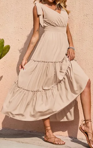 Vista 6 de Prettygarden Vestido largo de verano, con cuello cruzado, para mujer, sin mangas, escalonado, con tirantes fruncidos, para la playa, vestido largo