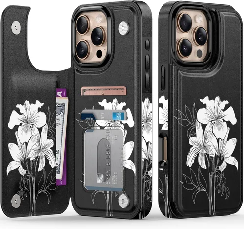 Vista 218 de LETO para iPhone 15 Pro Funda tipo cartera - Tapa tipo folio con patada - Diseños de moda - Tarjetero - Funda protectora para mujeres y niñas - 6.1