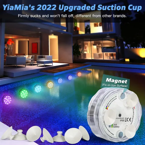 Vista 3 de Luces de piscina sumergibles con control remoto, luces de estanque impermeables con ventosas mejoradas, imanes, 16 colores intercambiables, batería