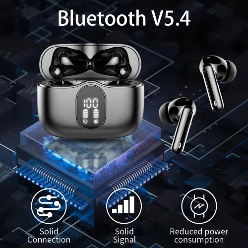 Vista 4 de Auriculares inalámbricos, Auriculares Bluetooth 5.4 con graves estéreo, Auriculares intrauriculares con micrófono de cancelación de ruido y pantalla