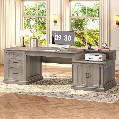 Vista 15 de SEDETA Escritorio ejecutivo en forma de L de granja de 67 pulgadas con Negro+marrón