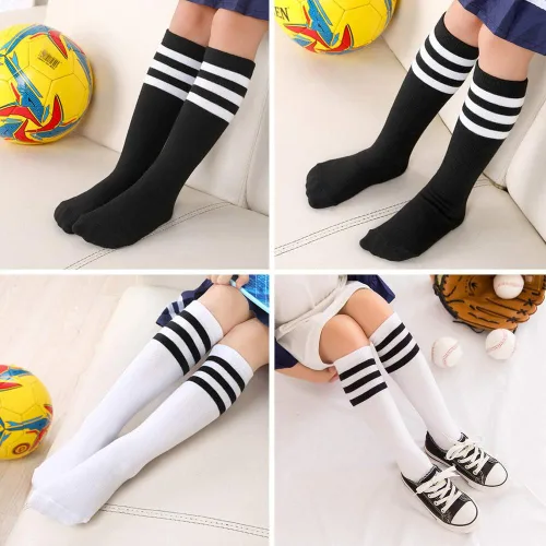 Vista 3 de 6 pares de calcetines de fútbol hasta la rodilla para niños, calcetines de uniforme deportivo juvenil, calcetines a rayas para niños de 8 a 12 años
