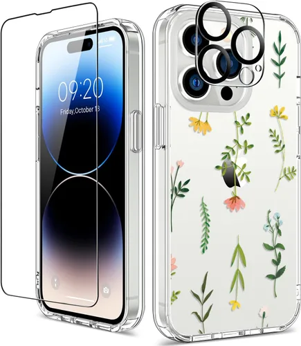 Vista 9 de Funda para iPhone 14 Pro con protector de pantalla, 6.1 pulgadas, transparente de cuerpo completo, a prueba de golpes, diseño floral, para niñas