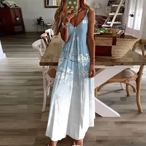 Vista 2 de Vestidos florales para mujer 2023 2024, sin mangas, dobladillo fluido, vestido largo fruncido con cuello en V, vestidos de sol, vestido suelto