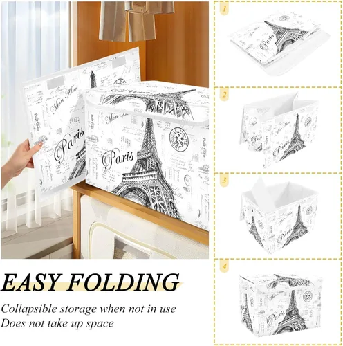 Vista 4 de Kigai Paris - Papeleras de almacenamiento plegables con tapa de torre Eiffel con doble asa, caja de almacenamiento abatible para documentos de ropa