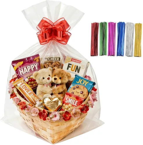 Vista 18 de 200 bolsas de celofán planas de celofán de 4 x 9 pulgadas, transparentes y gruesas, con lazos torcidos de 6 colores, embalaje, galletas, dulces