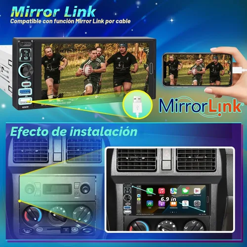 Vista 7 de 6.9" IPS solo Din pantalla táctil Radio inalámbrico Apple CarPlay Android Auto Car Stereo with Bluetooth 5.2,Physical Knob Control,Waterproof