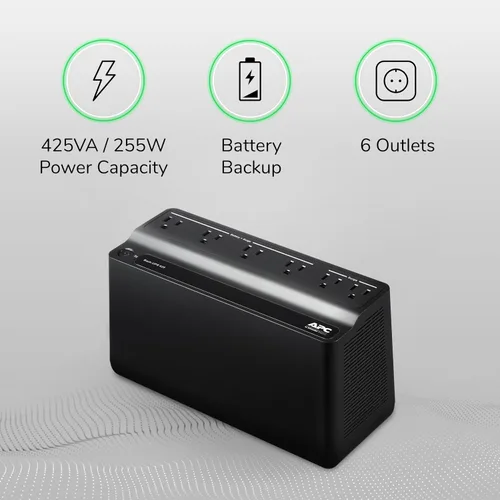 Vista 3 de APC Protector contra sobretensiones de respaldo de batería de UPS, fuente de alimentación de batería de respaldo de 425VA, BE425M, color negro