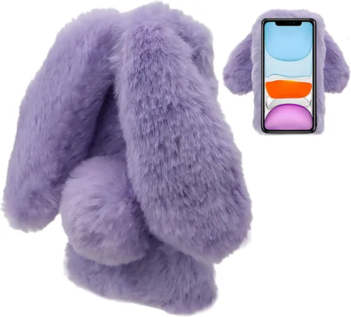 Vista 8 de LCHDA Funda de conejo para iPhone 13 Mini de 5.4 pulgadas, lindas orejas de conejo 3D, bola de pelo suave y peluda, cálida, de piel sintética