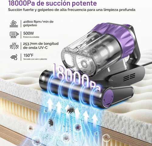 Vista 2 de Aspirador de colchón de cama - Succión de 18 KPa, calor de 150 °F, aroma Púrpura