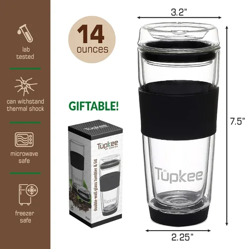 Vista 5 de Vaso de vidrio de doble pared, 14 onzas, todo de vidrio, reutilizable, aislado, taza de té/café con tapa, soplado a mano, taza de viaje, color negro