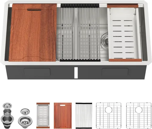 Vista 9 de Lordear Fregadero de cocina de 28 pulgadas de acero inoxidable de calibre 16 con doble plato y estación de trabajo de montaje inferior de 60/40
