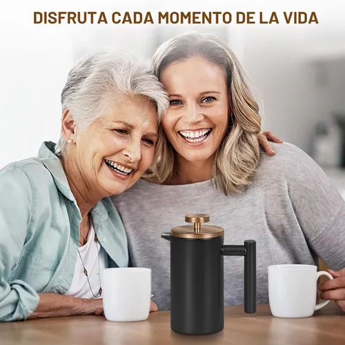 Vista 7 de Cafetera de Prensa Francesa de Acero Inoxidable Negro, Prensa Francesa Aislada de Doble Pared, para Café y Té, con 3 Pantallas Extra y una Cuchara