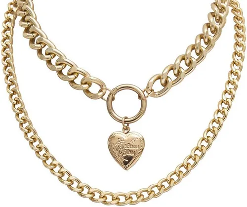 Vista 9 de AfazfaChunky - Collar con candado de oro con colgante de medallón de monedas y cadenas en capas de plata