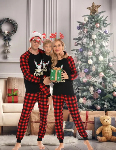 Vista 2 de SWOMOG Pijamas de Navidad familiares a juego, pijamas de Navidad para familia, parejas, adolescentes, niños, niñas, festival de ropa de dormir