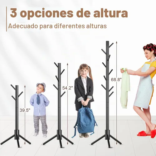Vista 4 de Aliphon Perchero de madera, perchero independiente con 8 ganchos, árbol de abrigos ajustable de 3 tamaños para sombreros, abrigos, bufandas