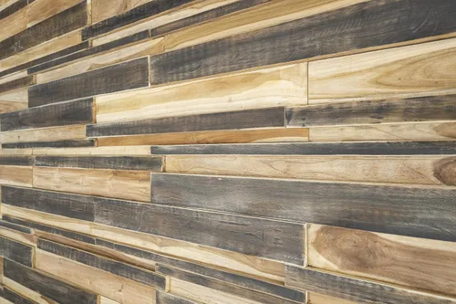 Vista 2 de WoodyWalls - Decoración de pared larga 3D Tablones de madera de teca Paneles únicos hechos a mano Juego de 6 Cambridge premium