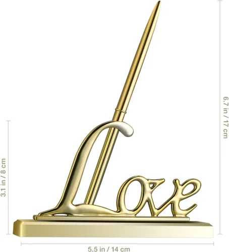 Vista 2 de Nuobesty Juego de bolígrafos de boda con soporte de amor chapado en oro, bolígrafo metálico decorativo para firma de libros de invitados y accesorio