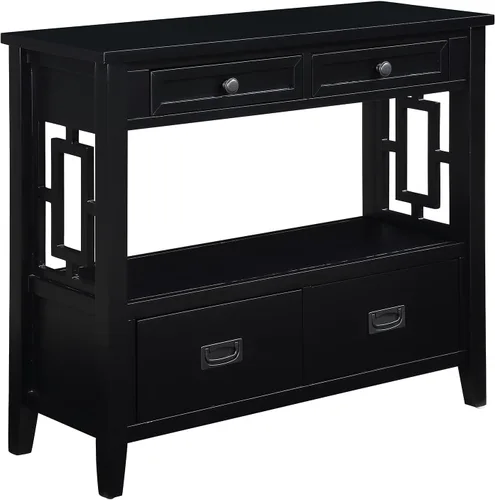 Vista 8 de Mesa consola de madera maciza de 36 pulgadas, mesa de sofá de madera de pino con 4 cajones, mesa de entrada retro para sala de estar, pasillo, Negro