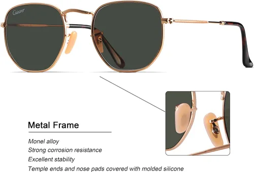 Vista 5 de Lentes de cristal planos estilo hexagonal con marco de metal, protección UV400 para hombres y mujeres